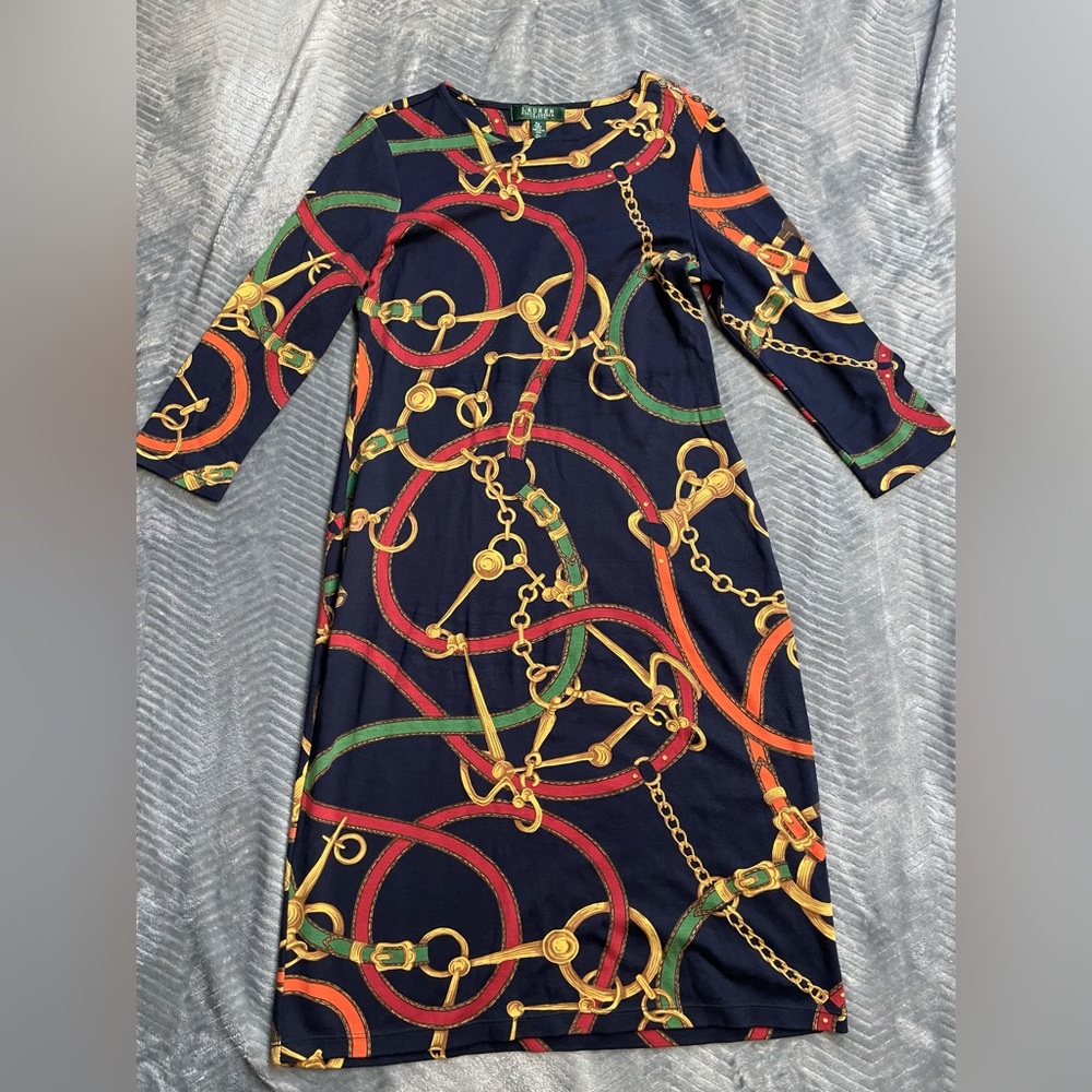 Lauren Ralph‎ Lauren Equestrian Multicolor Bit Bridle Print Knit Dress PS